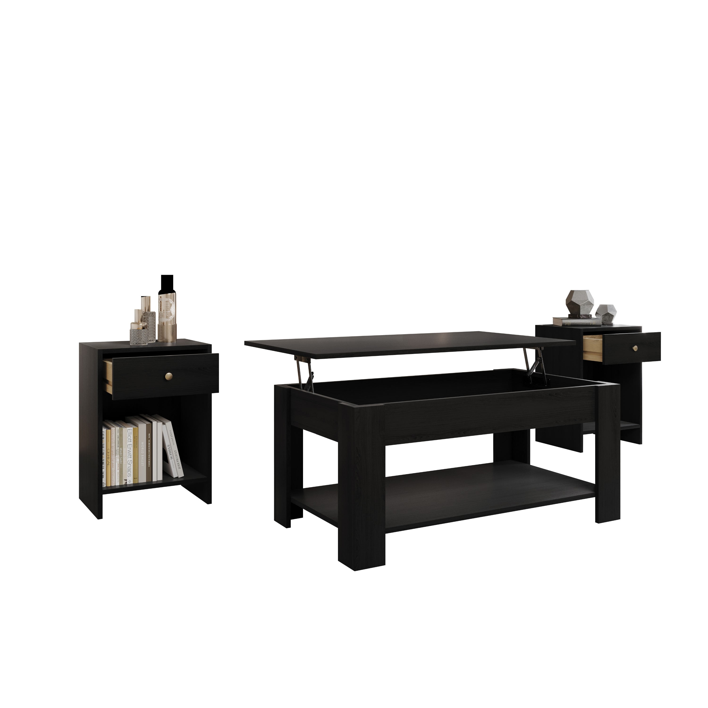 Home Design Magnolia 3-Piece Coffee Table Set with Lift-Up Rectangular Coffee Table and 2 End Tables, Hidden Storage and Modern Design for Living Room, Black