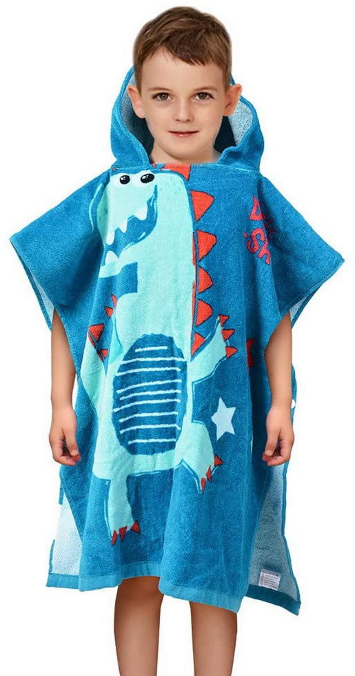 Hooded Bath Towel Poncho Kids Bathrobe Cotton Beach Towel Swimming for Girls Boys Baby Soft Warm Drying Cute Dinosaur, 60x60cm 