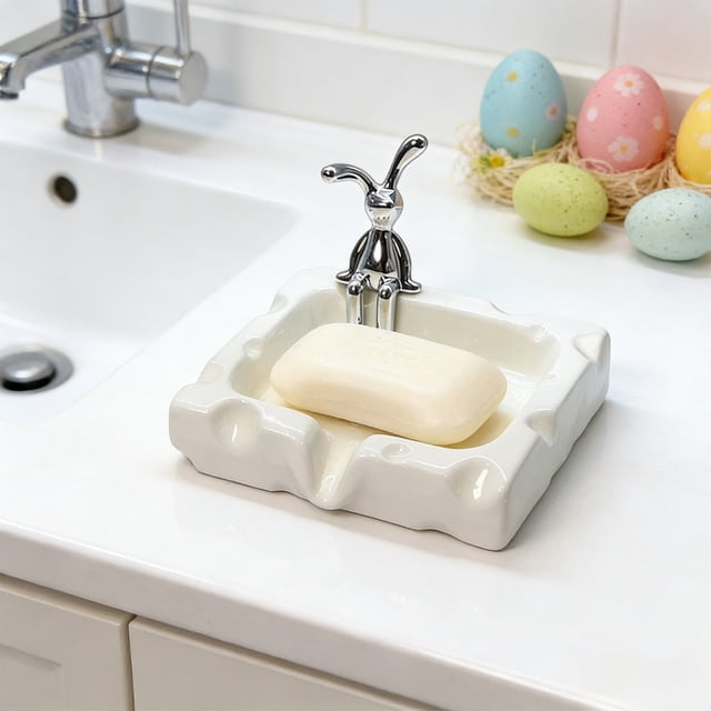 Jaboneta cerámica de conejo de Pascua con desagüe | Adorable decoración de encimera para el lavabo del baño y la cocina | Cerámica Negra Blanca Vidriada Cocida en Horno | 5,3x4,7 pulgadas |