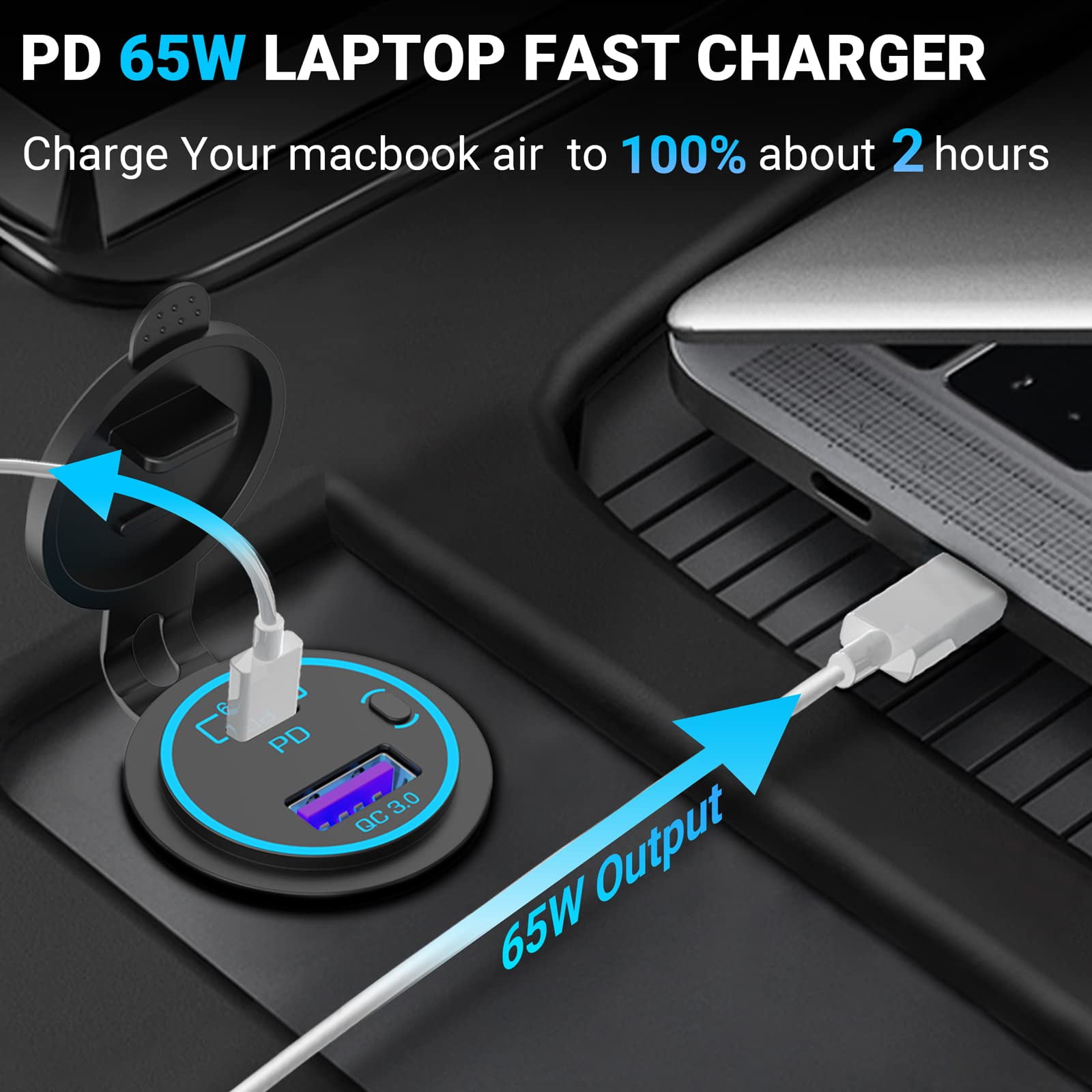 83W 12V USB Outlet Laptop Ladegerät 65W USB-C PD 3,0 & 18W QC 3,0