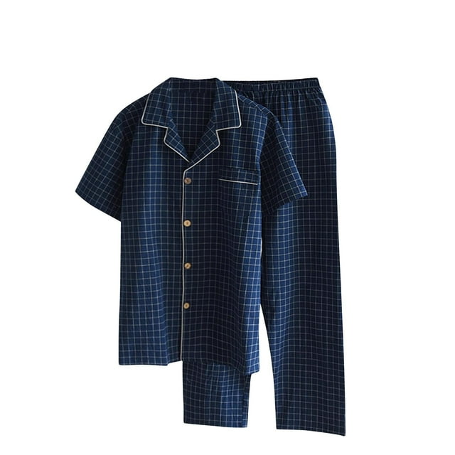 Amzcrzy Ensembles de Pyjama pour Hommes 2 Pcs Manches Courtes Col à Revers Chemises à Boutons avec Poche et Pantalons Ensemble de Détente Décontracté Pyjama en Coton à Carreaux