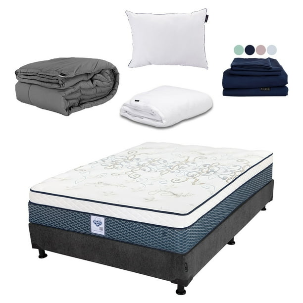 Colchón Matrimonial Cantabria Spring Air + Box + Almohada One + Protector Cloud + Sábanas Softy + Edredón Homy