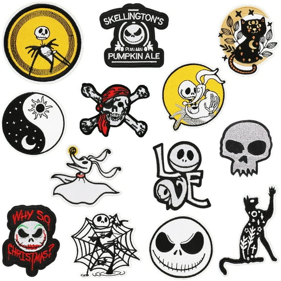 13pcs Anime Cartoon Jack Skellington Chenille Patches Embroidered Iron On Patches, Crest Iron On Applique Patch for T-Shirt Jackets Jeans Vests Hats Backpacks DIY Craft