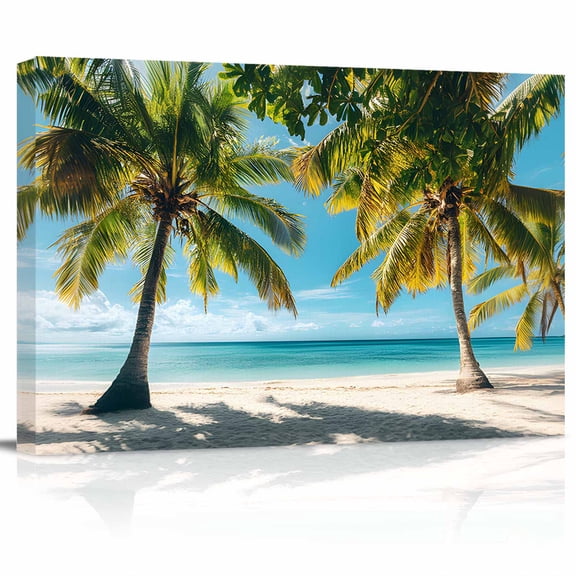 Tropical Beach Canvas Print Wall Art Scenery Palm Trees Ocean Sky Sand Beach Pictures Painting Morden Artwork for Living Room Bedroom, Ready to Hang - 12"x16"