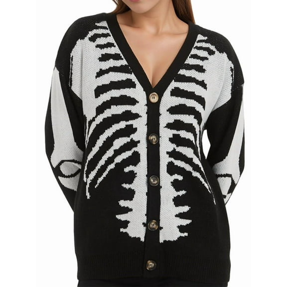 Women'S Skull Pattern Cardigan Sweaters Long Sleeve Unisex Outwear Knitted Coats Black Skull XL
