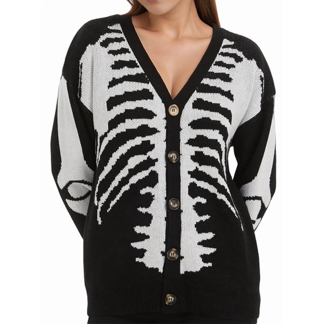 Suéteres Tipo Cárdigan con Estampado de Calaveras para Mujer, Abrigos de Punto Unisex de Larga Cráneo Negro L