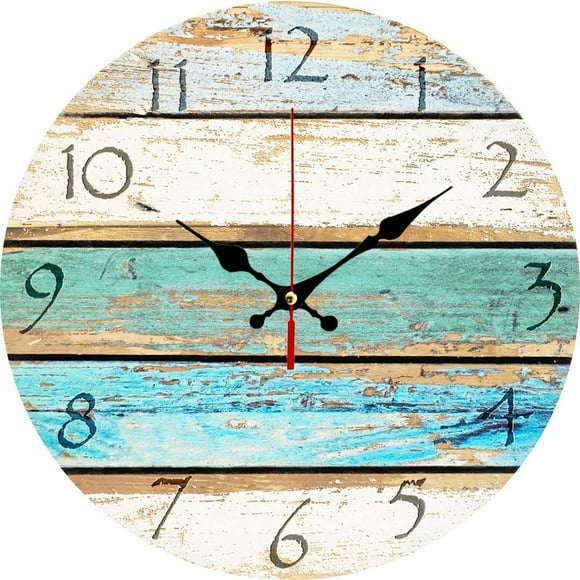 12" Vintage Arabic Numerals ,Shabby Beach, Weathered Beachy Boards Design ,Ocean Colors Old Paint Boards Printed Image, Rustic Mediterranean Style Wooden Decorative Round Wall Clock (Sky)