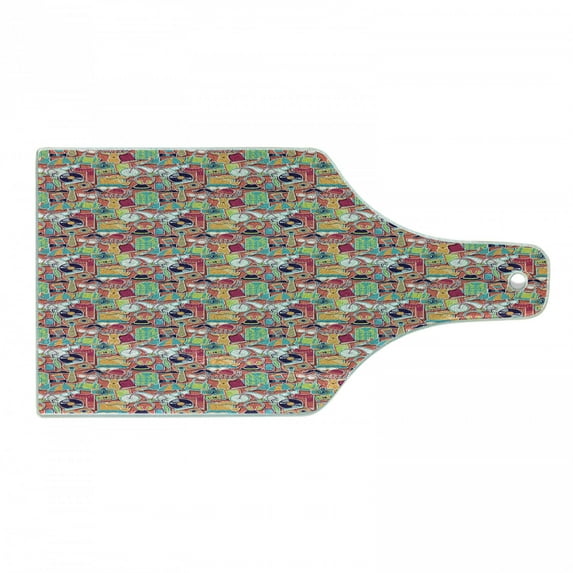 Hipster Cutting Board, Funky Pattern with Various Hipster Elements Urban Subculture Clothes Accessories, Tempered Glass Cutting and Serving Board, Wine Bottle Shape, Multicolor, by Ambesonne