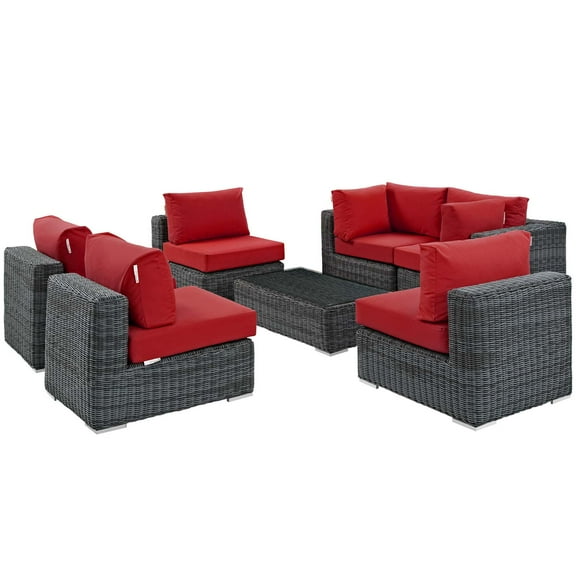 Modern Contemporary Urban Design Outdoor Patio Balcony Garden Furniture Lounge Sectional Sofa Set, Sunbrella Rattan Wicker, Grey Red