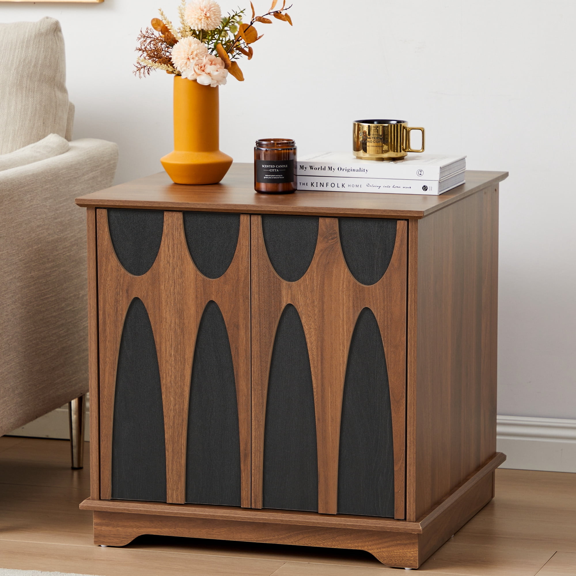 LEFHDA Set of 2 24" Large Square End Tables with Storage — Mid Century Modern Sofa Side Tables, Nightstands with Doors/Drawer & Adjustable Shelf for Living Room