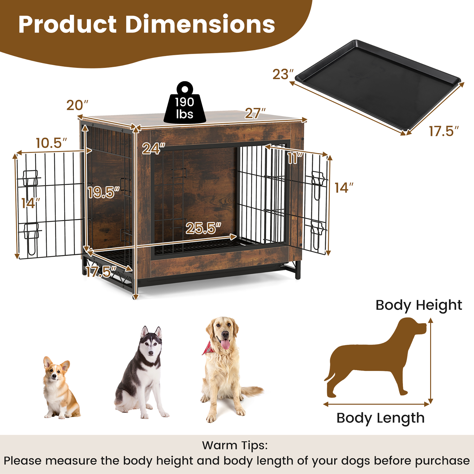 Gymax Industrial Dog Crate Furniture Heavy-duty Kennel Cage w/ 3 Chew-proof Walls Small