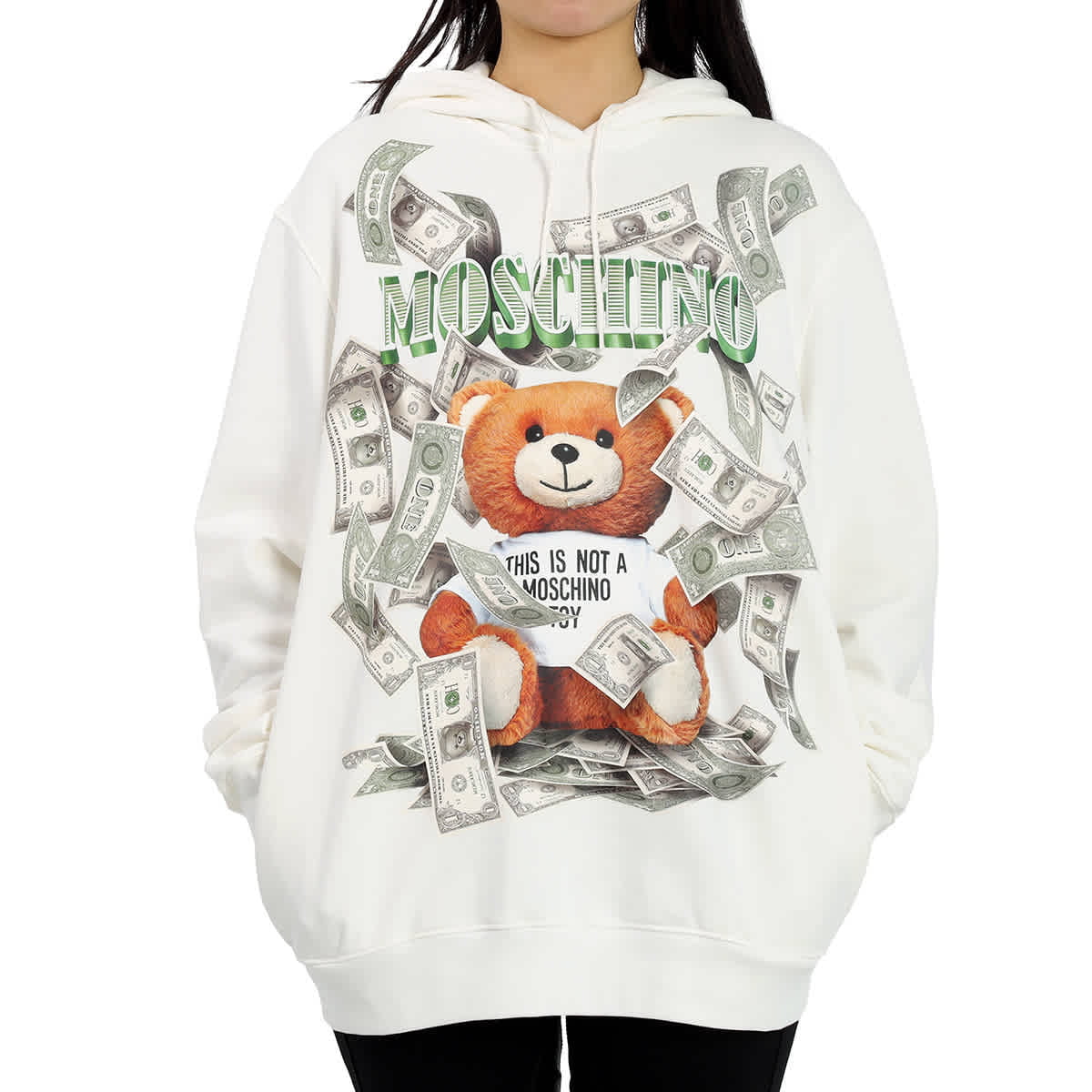 dominere indeks Beskrivende Moschino White Teddy Dollar Print Hooded Sweatshirt, Brand Size 38 (US Size  4) - Walmart.com