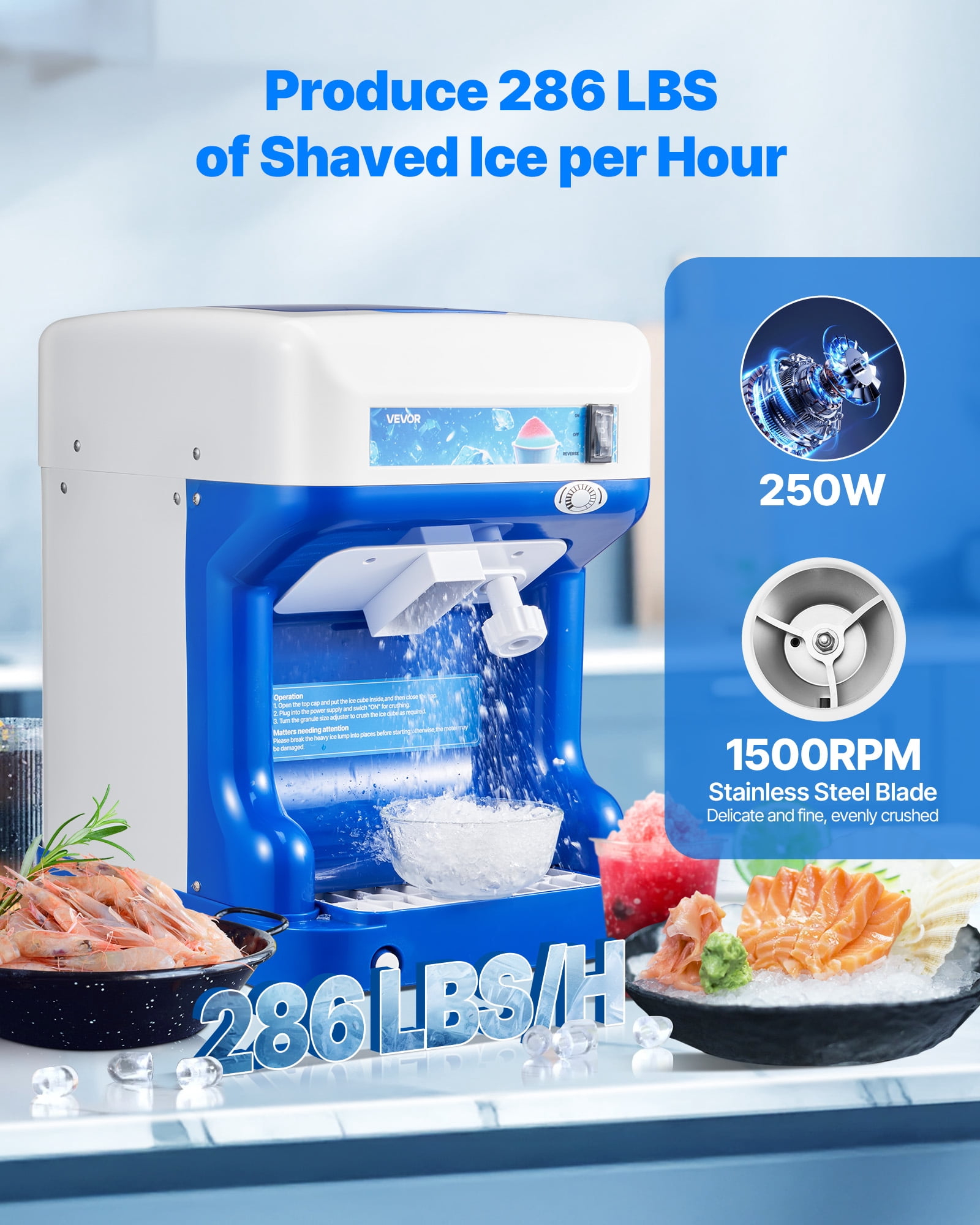 VEVOR Commercial Ice Shaver Crusher,286lbs Per Hour Electric Snow Cone Maker with 2L Ice Cube Box,250W 1500RPM Tabletop Shaved Ice Machine for Parties Events Snack Bar,Home and Commercial Use (Blue)