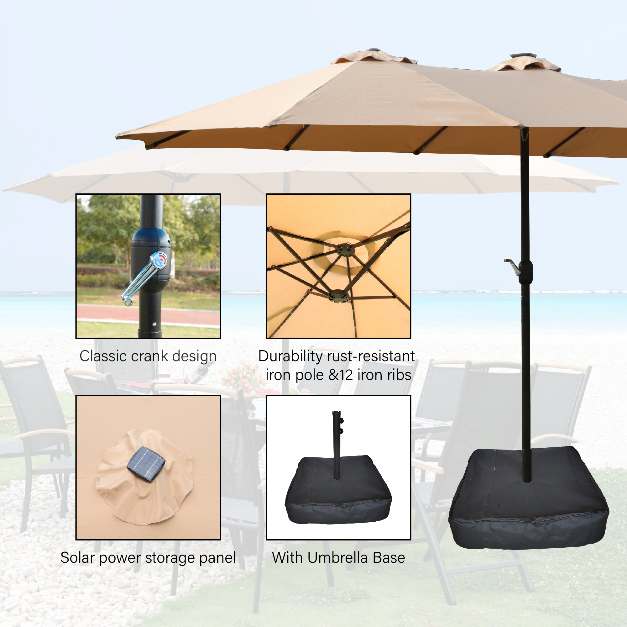 15x9ft Large Double-Sided Rectangular Outdoor Twin Patio Market Umbrella with light and base-TAUPE
