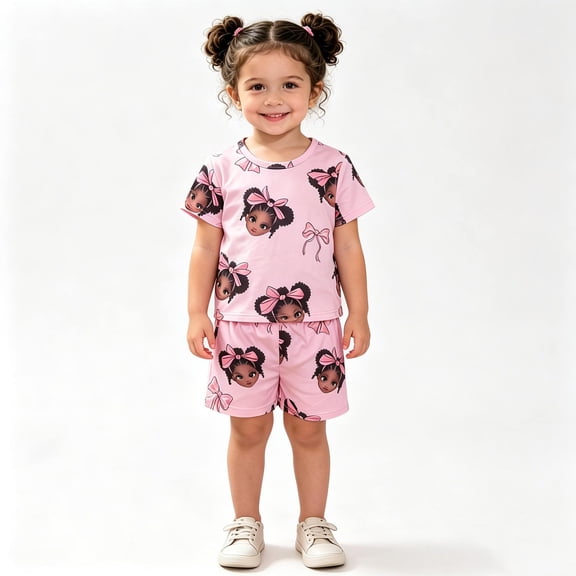 Bobifish Toddler Girls Outfit Sets Summer Cartoon Girl Face Print Crew Neck Short Sleeve Top Elastic Waist Shorts 2 Piece Sets