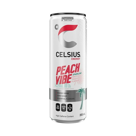 Celsius Peche Inspirée par les plages ensoleillées et source de bonnes vibrations et d'arômes de pêche éclatants dans chaque gorgée. Zéro sucre par canette de 355 mL.