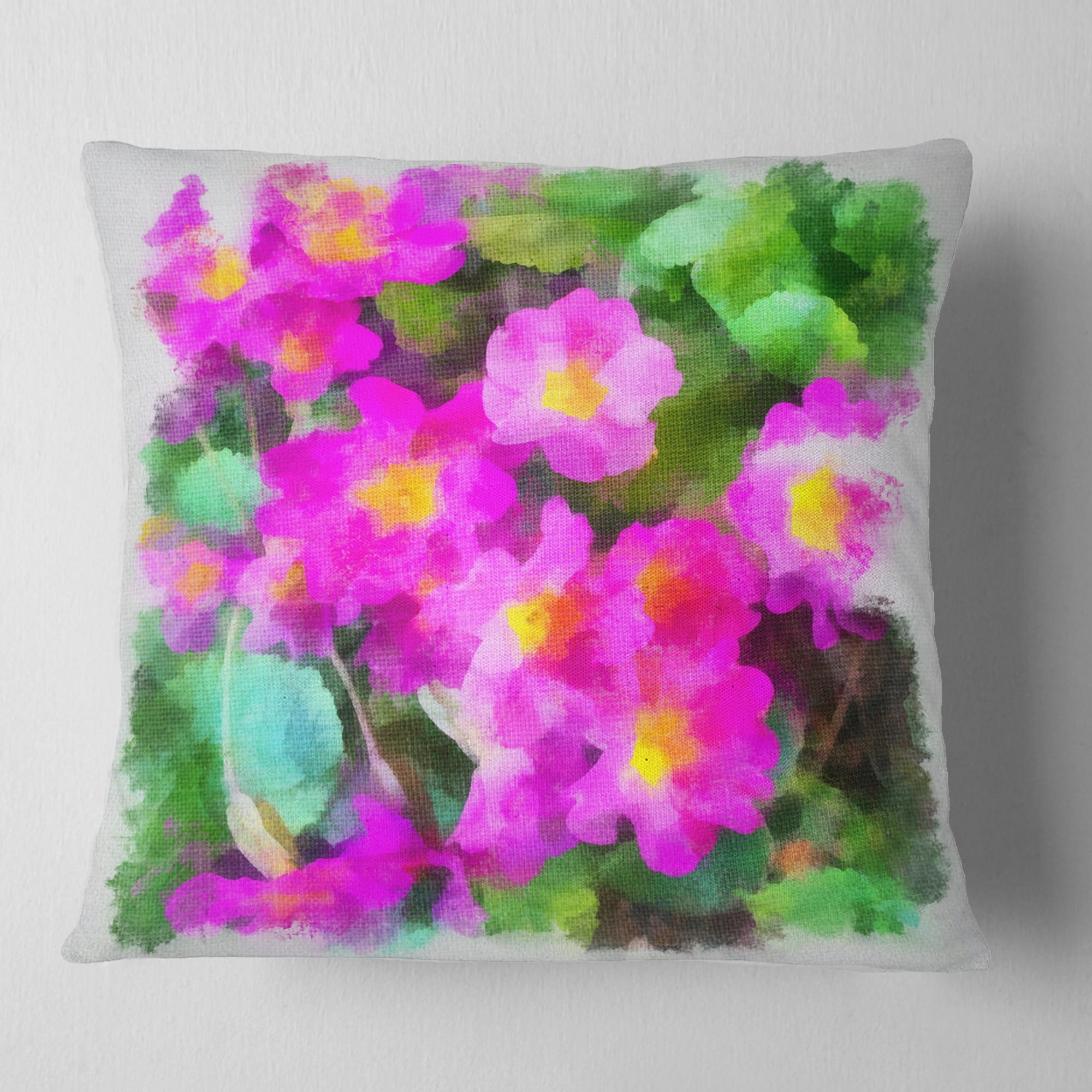 Designart Pink Little Flowers with Green Leaves - Floral Throw Pillow - 18x18
