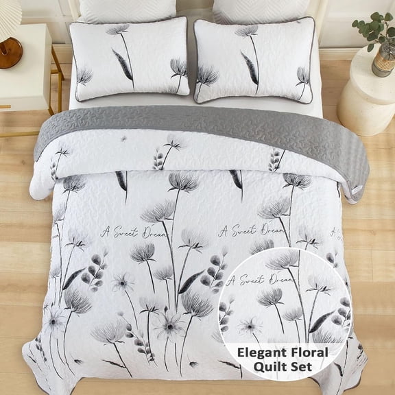 Floral Quilt Set California King Size, Gray Bedspread Farmhouse Bedding Set Soft Lightweight Quilts 3 Piece White Oversized Flower Plant Bed Cover Sets for Fall Winter (Cal King, 106"x95")