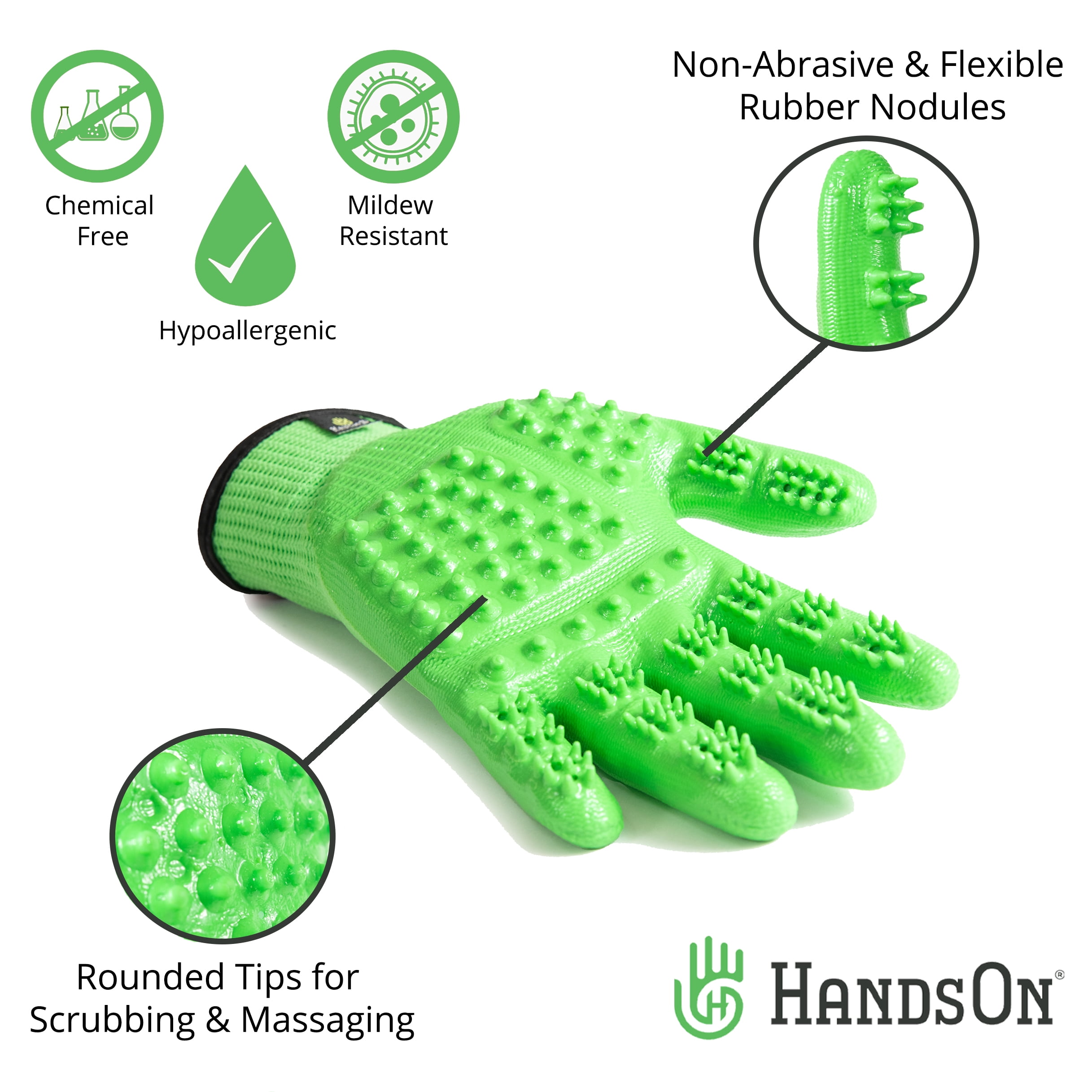 HandsOn Pet Grooming Gloves, Gentle Brush for Cats, Dogs and Horses, Mono Green Large, 2 Pair