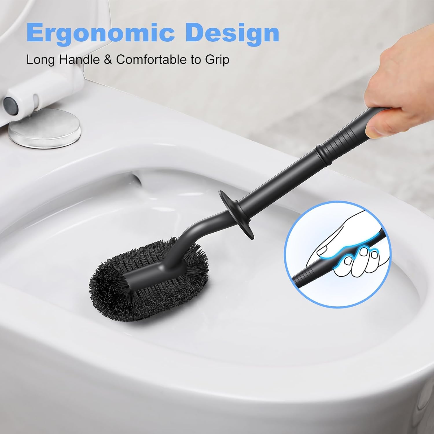 Toilet Bowl Brush Holder Set: Curved Design with Holder for Deep Cleaning Under Rim - Compact Hidden Scrubber for Small Space - Modern RV Bathroom Accessories - Black