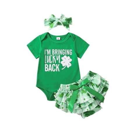 

jaweiwi Toddler Girls Clothes Set Short Sleeve Round Neck Romper Tops Lucky Clover Print Short Pants Casual Headband Summer Outfits