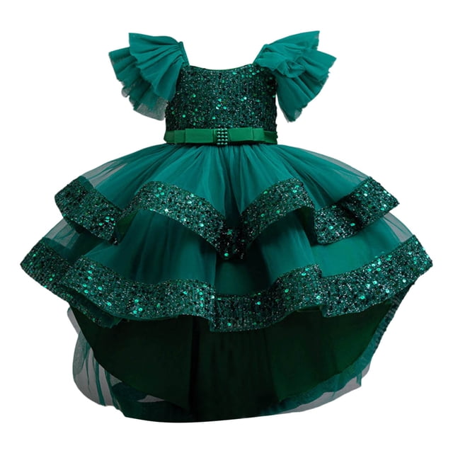 HXWCHs Robe à Volants Élégante Robe Formelle pour Filles avec Train Détachable Robe de Concours Fête Mariage Récital Verte 2-3 Ans