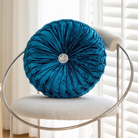 HCBY Round Ice Flower Velvet Wheel Pillow, Plush Textured Throw Pillow for Sofa Window Seat, Decorative Cushion with Hidden Zipper (Blue,13.78" diameter)