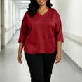 thumbnail image 4 of thefmos Women's V Neck 3/4 Sleeve Pullover Blouse with Pocket Plus Size Solid Color Casual Top Trendy Fall Spring Outfit, Red 5XL, 4 of 7