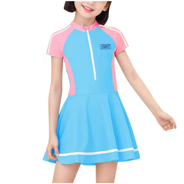 Yanlir Maillots de Bain 1 Pce pour Filles, Maillot de Bain Hawaïen à Jupe pour Enfants Filles, Robe de Bain d'Été Décontractée. Ce Maillot de Bain à Manches Courtes en Bleu et Rose avec Encolure Ronde, Fermeture Éclair avant et Jupe Plissée. Convient aux Filles de 13 Ans, Il Est Fait de polyester Respirant pour le Confort et la Durabilité. Idéal pour les Sorties à la Plage, les Journées à la Piscine et les Activités d'Été.