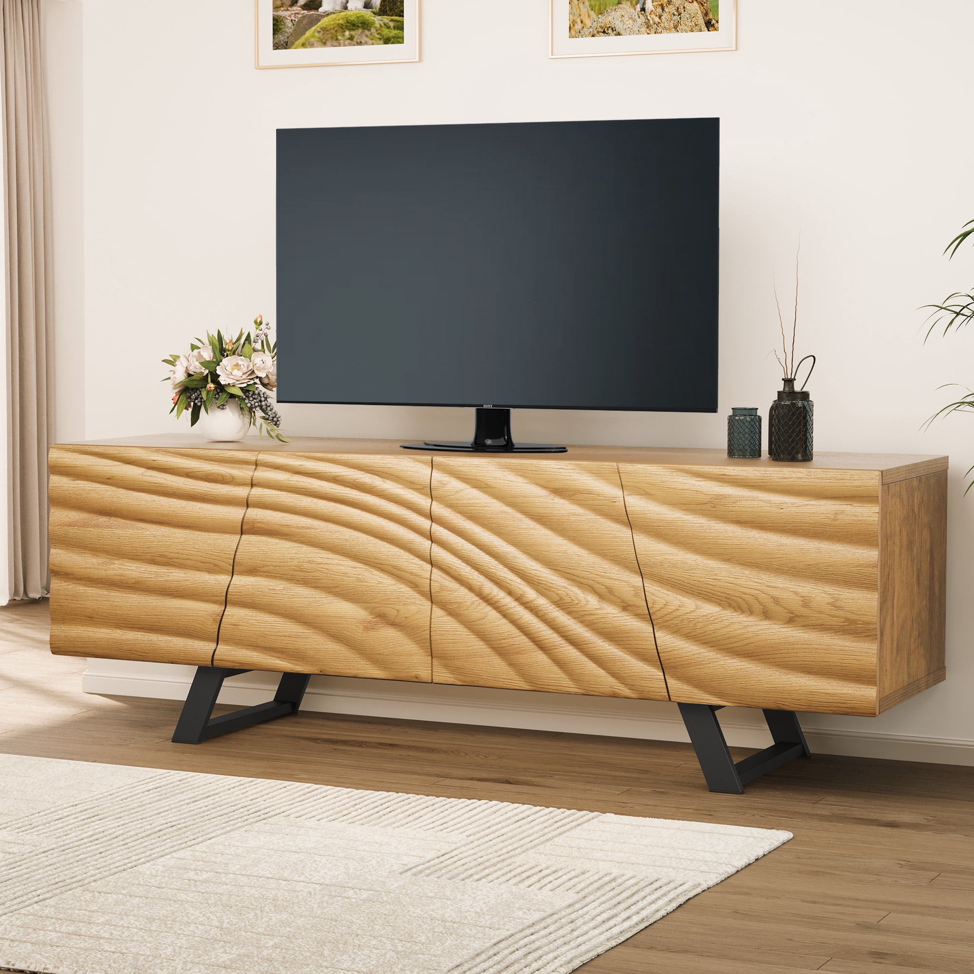 Dextrus 63” Modern TV Stand for TVs up to 65'' Flat Screen 21.6''H Wood TV Console Media Cabinet with Storage, Oak