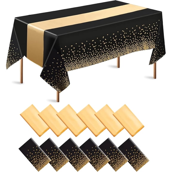 6 Set Tablecloths and Satin Table Runner, 6 Black and Gold Dot Table Cloth 54 x 108 Inch, 6 Gold Satin Runners 11 x 108 Inch, Disposable Plastic Tablecloth for Parties Wedding Birthday