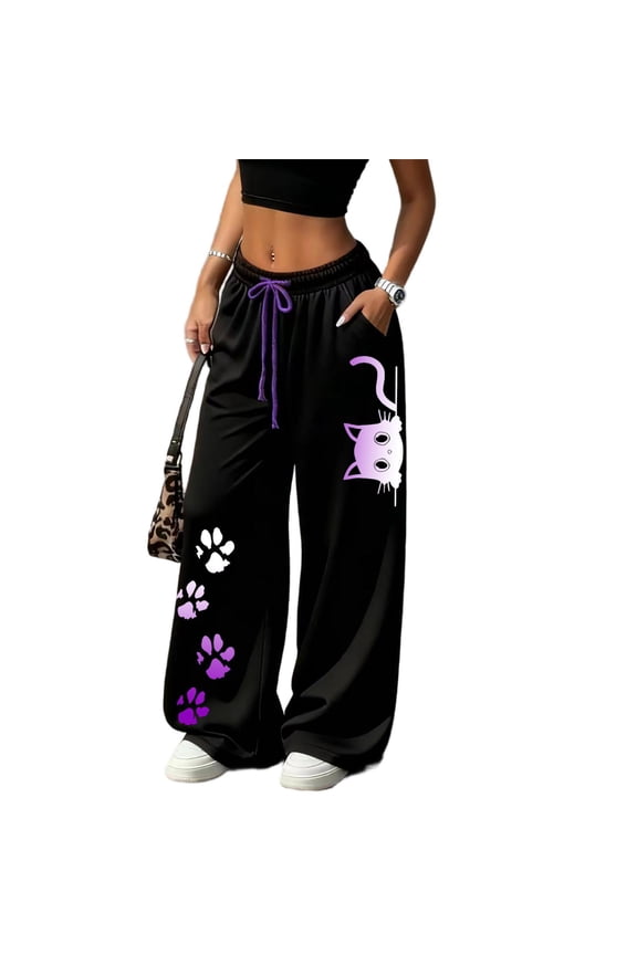 Women's Baggy Gothic Sweatpants Trendy Cat & Gradient Paw Print Baggy Gym Sweatpants Y2K Pants Streetwear Y2K Clothing Women Cute Y2K Wide Leg Lounge Joggers with Pockets