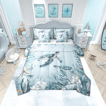 Sea Turtle Bed in a Bag Queen Comforter Set 7 Piece,Teal Blue Ocean Beach Coastal Bedding Set Starfish Octopus Sheet Sets with Comforter Underwater Creature Coral Bed Set,Kawaii Fish Room Decor
