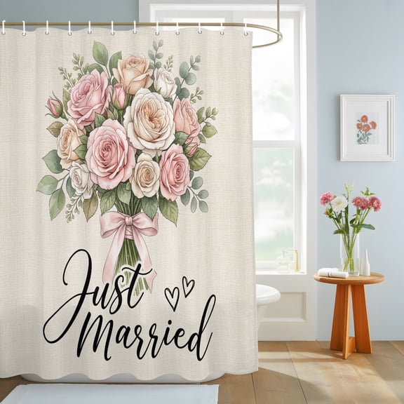Rose Bouquet Shower Curtain, Bridal Shower Floral Just Married Elegant Waterproof Washable Shower Curtain for Bathroom Bathtub Partition Bath Decoration Set with Hooks 72x84in