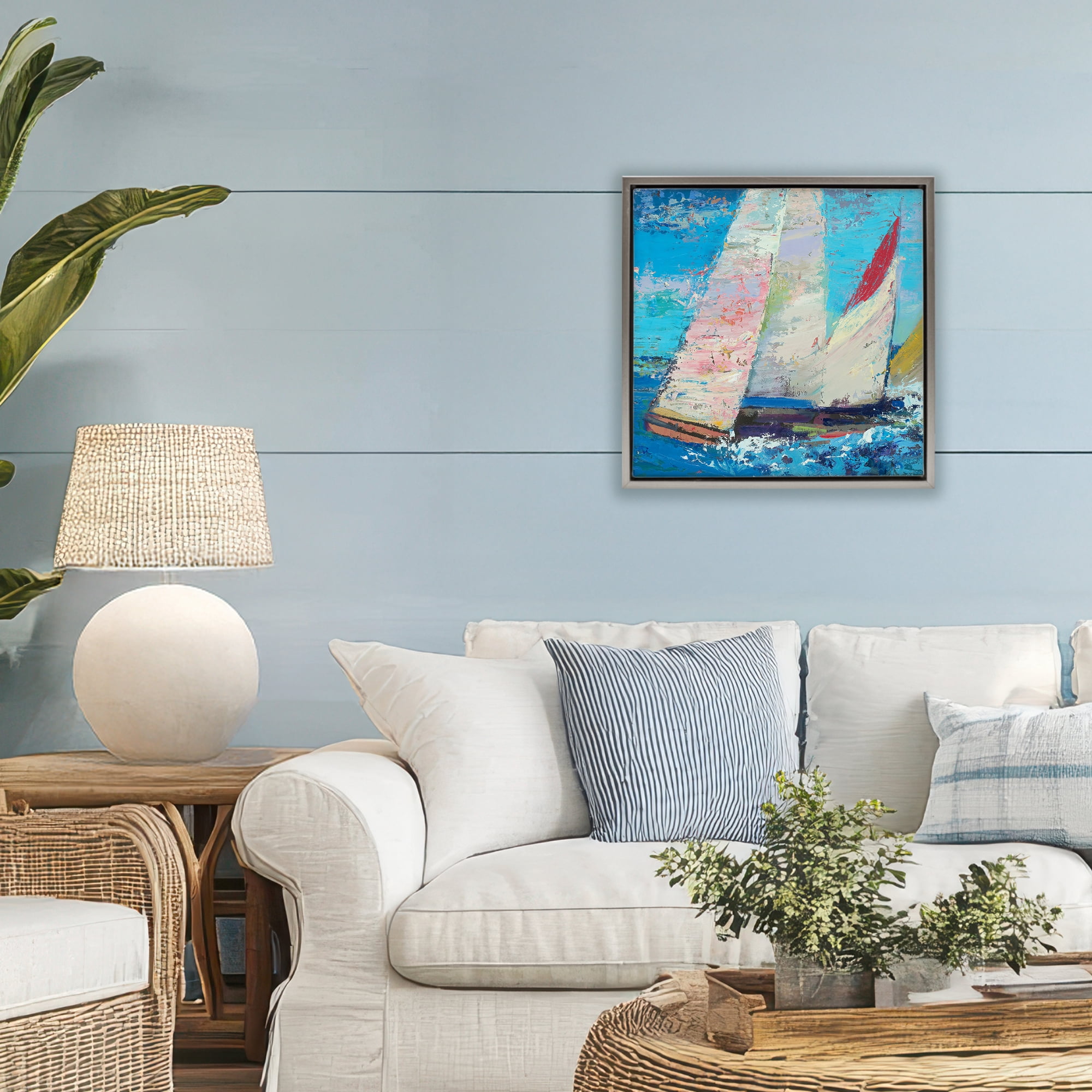 Stupell Industries Expressive Sailboats on Waves Gray Framed Floater Canvas Wall Art, design by Beth A. Forst