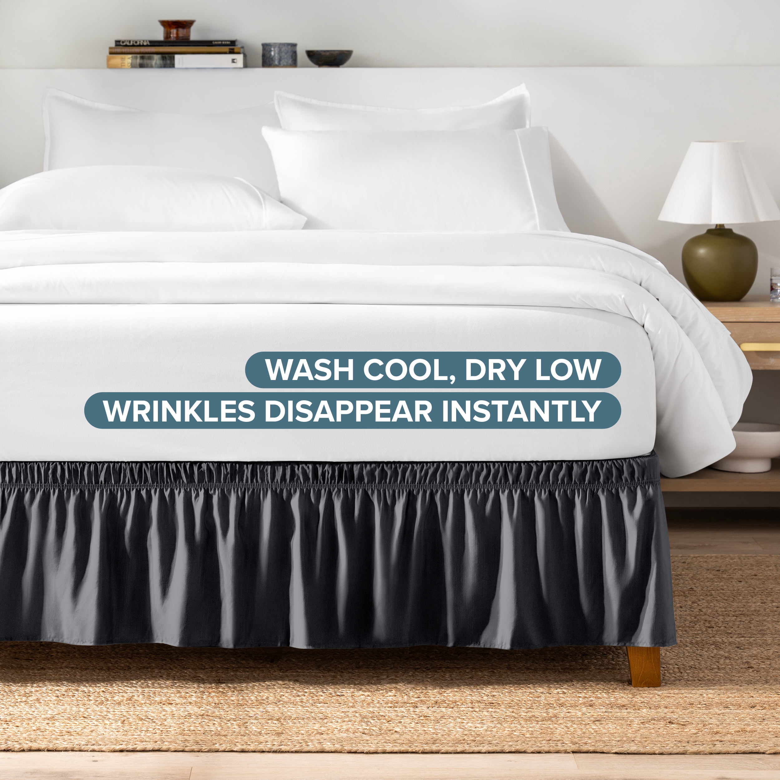 Bare Home Adjustable Wrap Around Bed Skirt - 15 Inch Drop - Easy Fit - Ruffle Pleats - Twin XL, Black