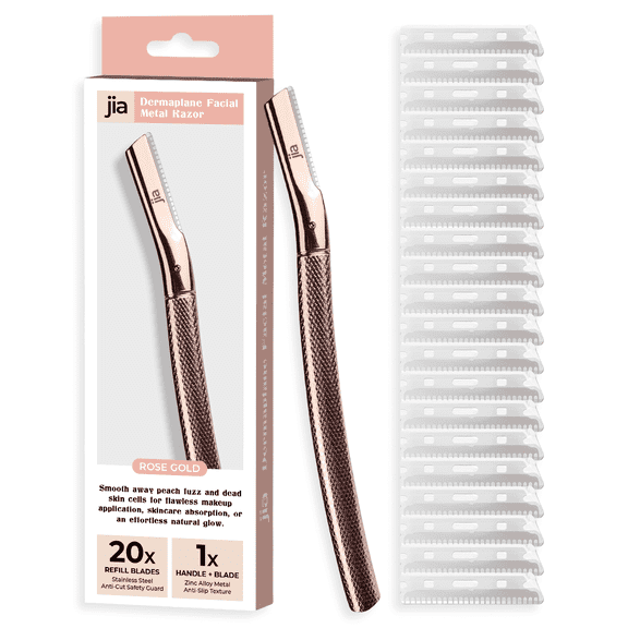 Jia Dermaplane Facial Metal Razor in Rose Gold | Includes 20 Extra Blades