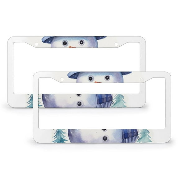 Snowman License Plate Frames 2 PCS Xmas Rustic Winter Holiday Personalized License Plate Frame for Girl Women Men Vehicles 2 Round Holes Metal License Plate Cover