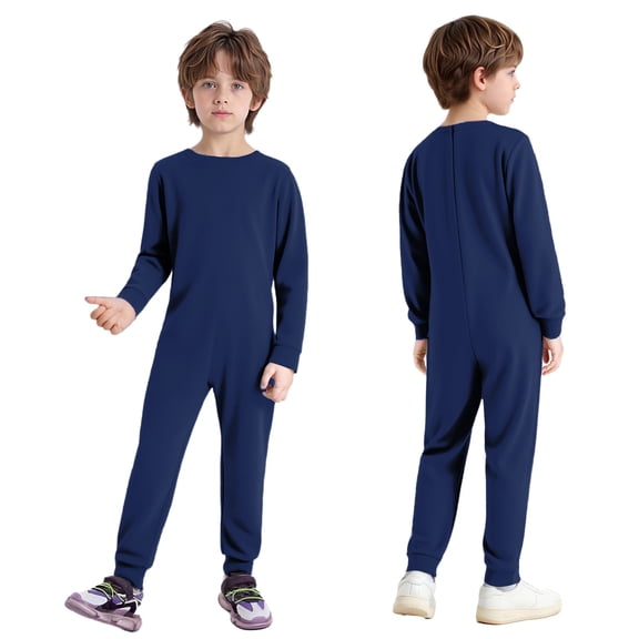 iiniim Boys Special Needs Adaptive Clothing Solid Overalls Anti-Strip Romper Casual Long Sleeve Zip Back Jumpsuit Dark Blue 16