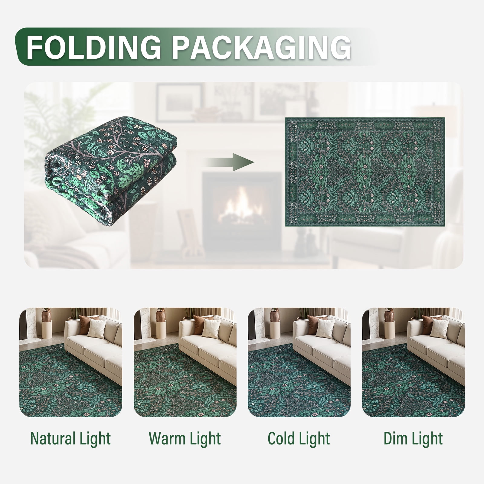 PLEASOR 8'x10' Area Rug for Living Room, Green Washable Area Rugs with Non-Slip Backing, Boho Floral Vintage Carpets Low Pile for Dining Room, Bedroom, Home Office, Indoor, Nursery, Apartment