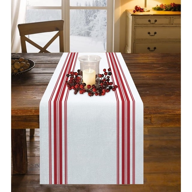 Chemin de Table en Coton et Lin de Noël 108 Pouces de Long, Rayures Rouges et Blanches de Style Ferme, Écharpes de Commode en Toile de Jute pour Salle à Manger/fête/mariage/événement, Géométrique, Lavable en Machine