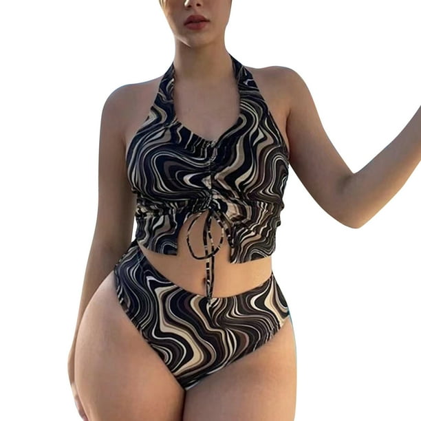 PMUYBHF Female Plus Size Bikini Swimsuit for Women Ladies Bikini Halter  Neck Strap Swimsuit set Printed Backless Drawstring Two Piece Swimsuit  Black M