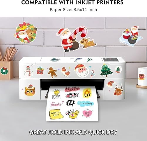 Tekola 30 Sheets Premium Printable Vinyl Sticker Paper for Inkjet Printer, Glossy White Waterproof, Dries Quickly, Vivid Colors, 8.5x11 Inkjet Vinyl Sticker Paper Great for Cutting Machines
