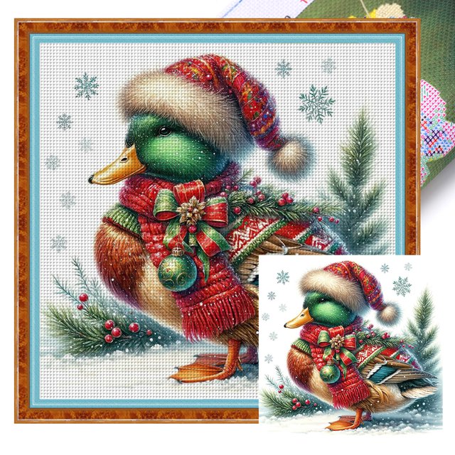 Hilo Algodón Ecológico Bordado Punto Cruz Pato Invierno Impreso 18 Quilates 30x30cm