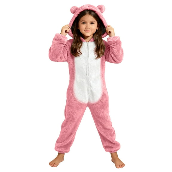 Cethrio Girls One-piece Pajamas, Warm Zip up Long Sleeve Fleece Winter Sleepwear Pink Size 7-8 T