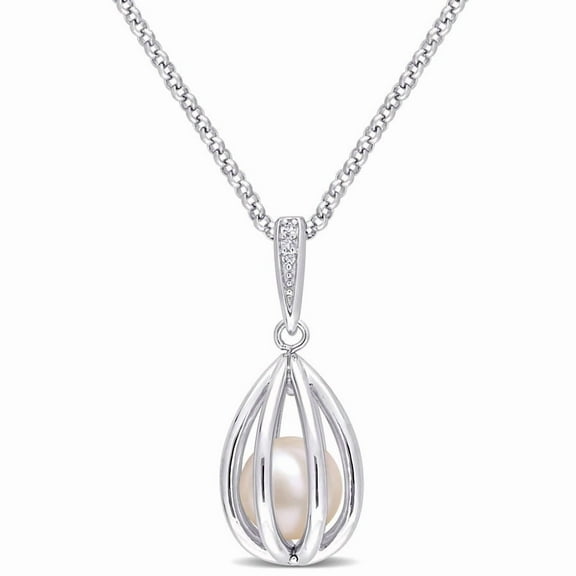 AMOUR 8-8.5mm Freshwater Cultured Pearl and Diamond Accent Pearl Necklace with Chain In Sterling Silver