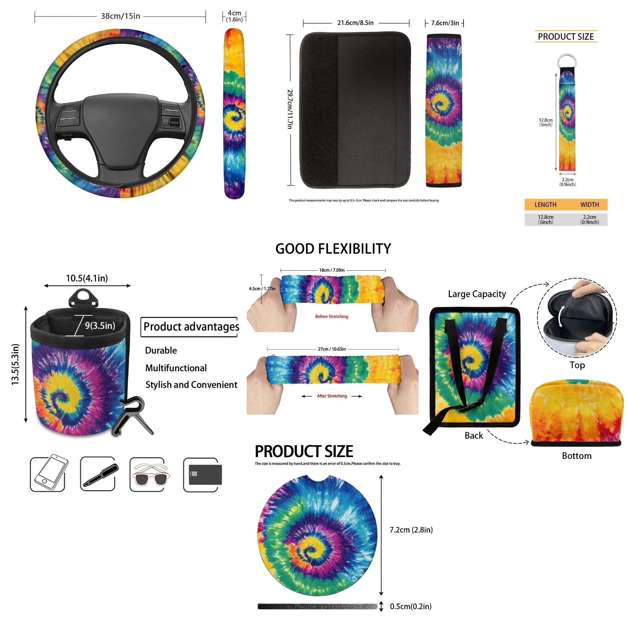 Yuyamidu Rainbow Tie Dye Car Seat Cover 15 Pack Front Back Seat Cover with Universal Steering Wheel Cover Seatbelt Strap Pad Trash Can Car Vent Organizer Cup Holders Rearview Mirror Cover Keychain