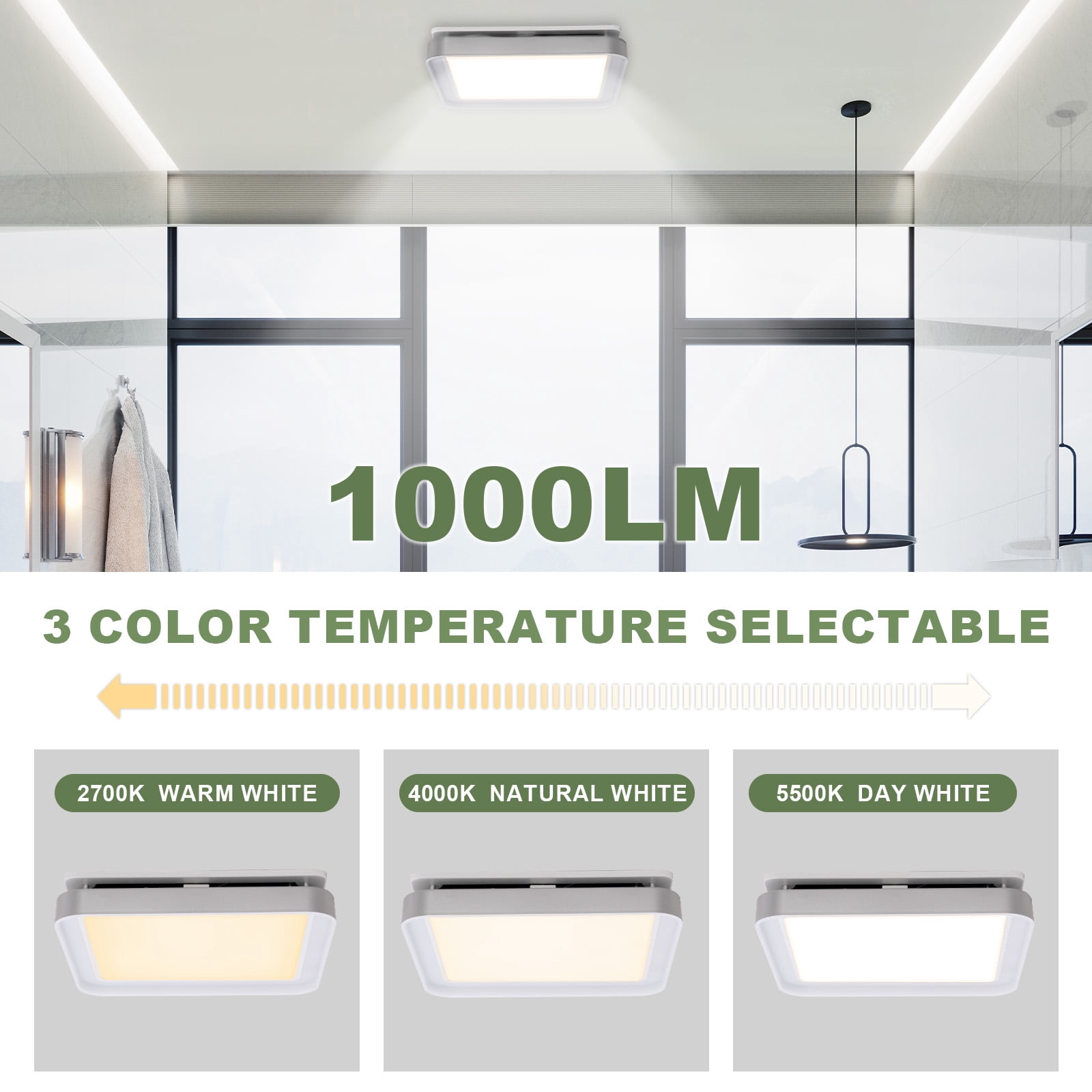 Akicon Exhaust Fan with Shower Light, DC Ultra-Quiet and Energy-Saving Bathroom Fan with Light, 50-80-100 CFM, 15W Dimmable 3CCT LED Light with 7W 2-Color Night Light Ventilation Fan, Square, Silver