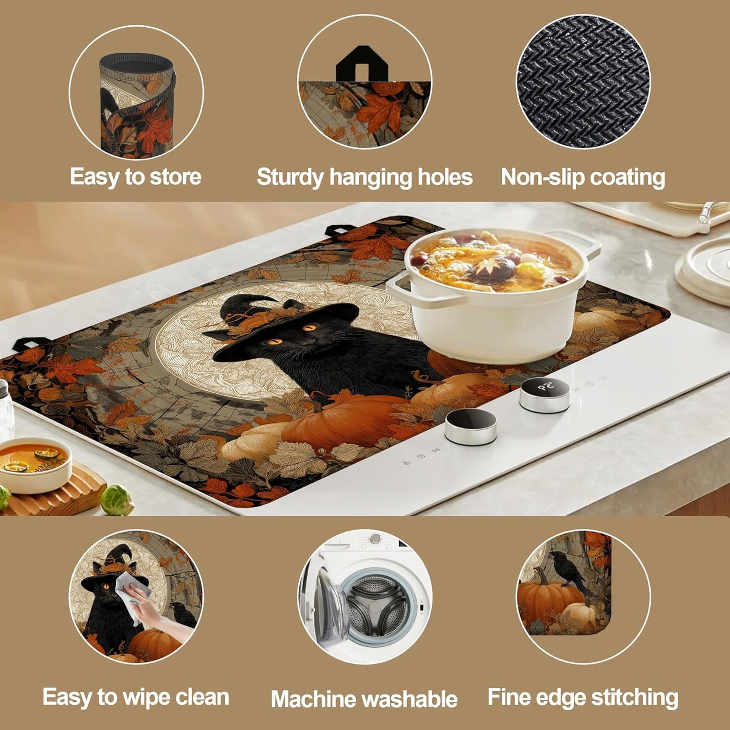 Stove Top Covers for Electric Stove,Halloween Black Cat Stove Top Protector Thick Rubber Dish Drying Mat for Kitchen Cooking Ceramic Countertop 28.5“ x 20.5“
