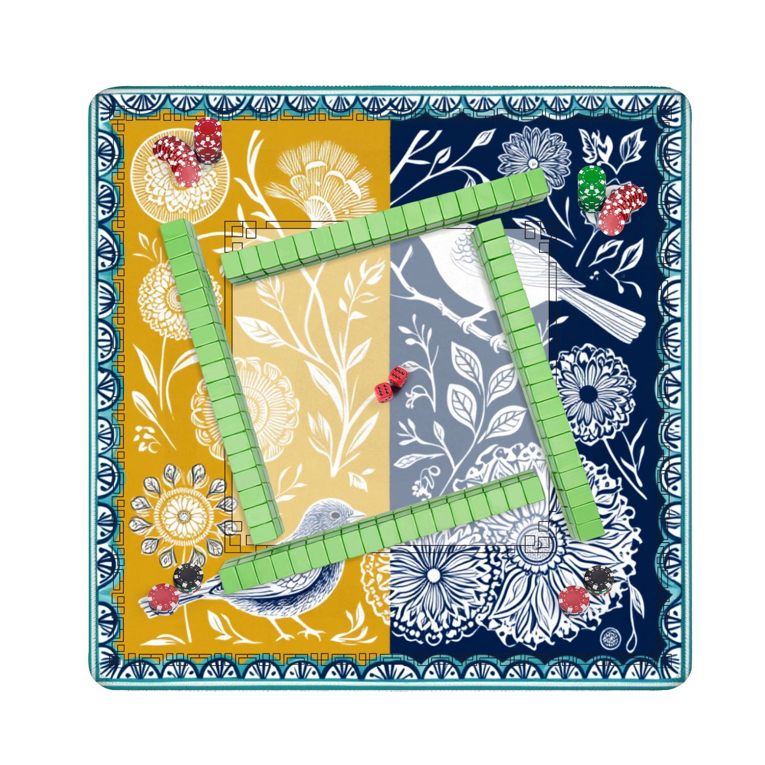 Mahjong Mat 31.5" x 31.5" Floral Bird White Flowers Mustard Navy Hand Drawn Decorative Non-Slip Noise Reduction American Mahjong Tiles Table Cover for Dominoes Poker Card Board Games Gift